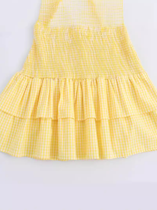Sally's Yellow Plaid V-neck Bow Spaghetti Strap Mini Dress-TOPS / DRESSES-[Adult]-[Female]-2022 Online Blue Zone Planet