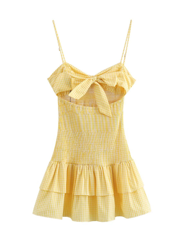 Sally's Yellow Plaid V-neck Bow Spaghetti Strap Mini Dress-TOPS / DRESSES-[Adult]-[Female]-Yellow-XS-2022 Online Blue Zone Planet