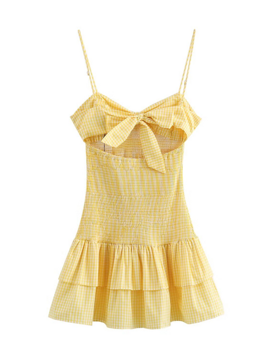Sally's Yellow Plaid V-neck Bow Spaghetti Strap Mini Dress-TOPS / DRESSES-[Adult]-[Female]-Yellow-XS-2022 Online Blue Zone Planet