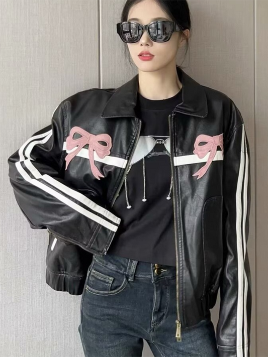 New Street Fashion Bow Zipper Leather Jacket-[Adult]-[Female]-Pink-S-2022 Online Blue Zone Planet