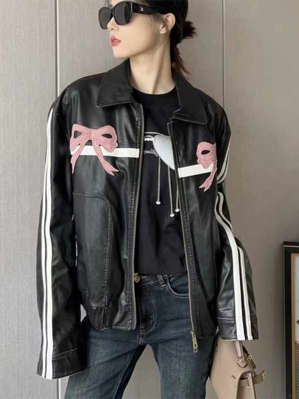 New Street Fashion Bow Zipper Leather Jacket-[Adult]-[Female]-2022 Online Blue Zone Planet