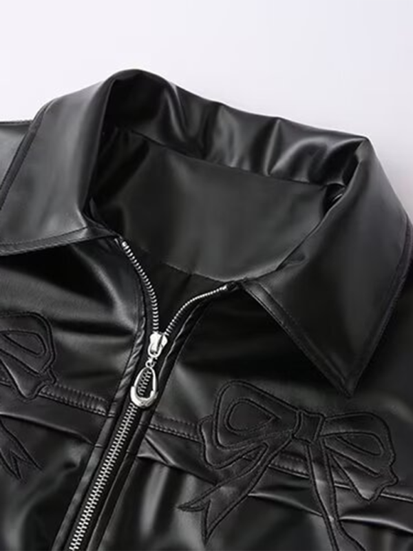 New Fashion Black Bow Zipper Leather Jacket-[Adult]-[Female]-2022 Online Blue Zone Planet