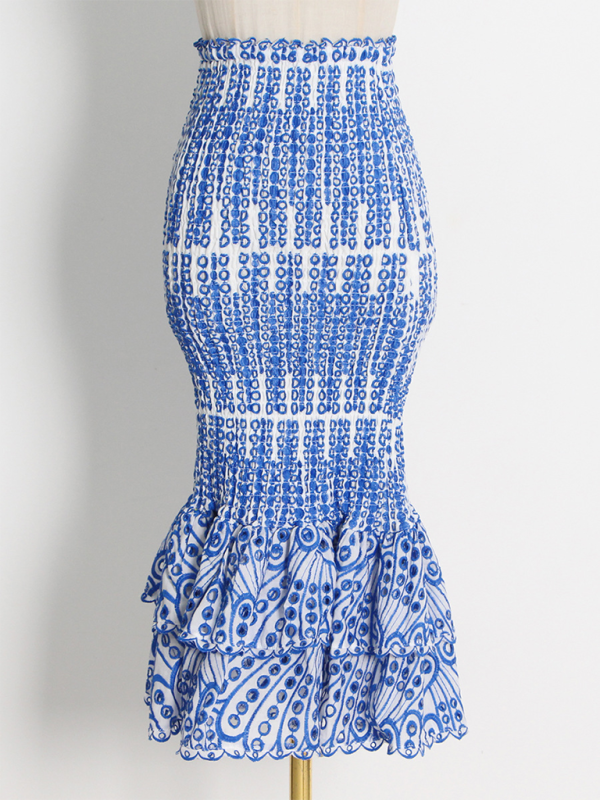 New seaside holiday style fashion ruffle irregular shirt + high waist fishtail skirt suit-[Adult]-[Female]-2022 Online Blue Zone Planet