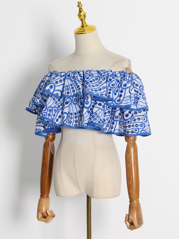 New seaside holiday style fashion ruffle irregular shirt + high waist fishtail skirt suit-[Adult]-[Female]-2022 Online Blue Zone Planet