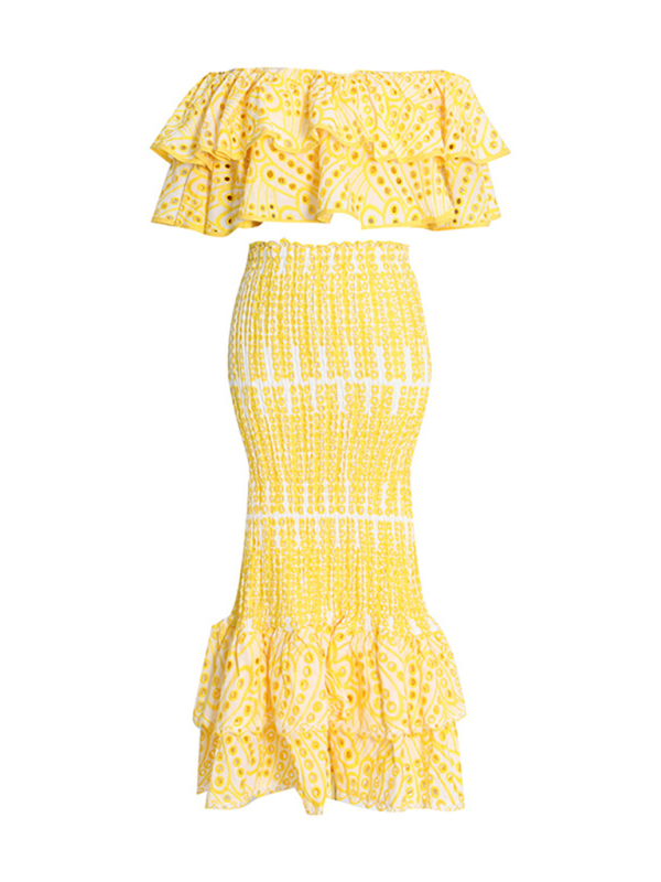 New seaside holiday style fashion ruffle irregular shirt + high waist fishtail skirt suit-[Adult]-[Female]-Yellow-S-2022 Online Blue Zone Planet