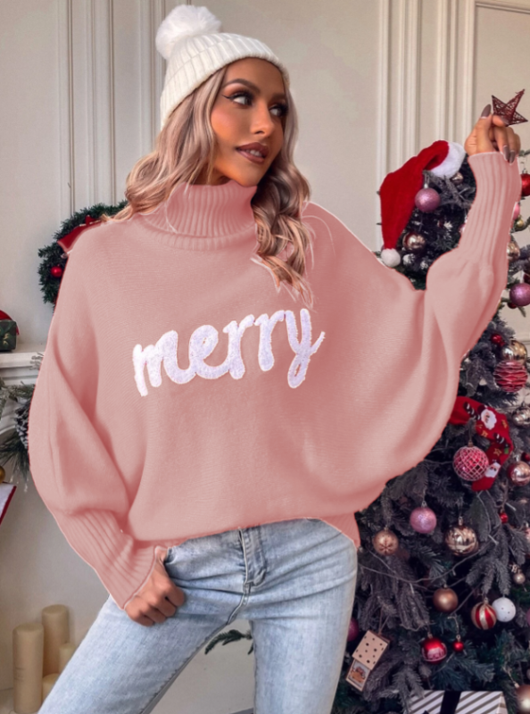 Christmas Autumn and Winter High Neck Loose Dolman Sleeve Letter Knitted Sweater Women's Top-TOPS / DRESSES-[Adult]-[Female]-2022 Online Blue Zone Planet