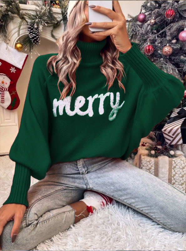 Christmas Autumn and Winter High Neck Loose Dolman Sleeve Letter Knitted Sweater Women's Top-TOPS / DRESSES-[Adult]-[Female]-Green-S-2022 Online Blue Zone Planet