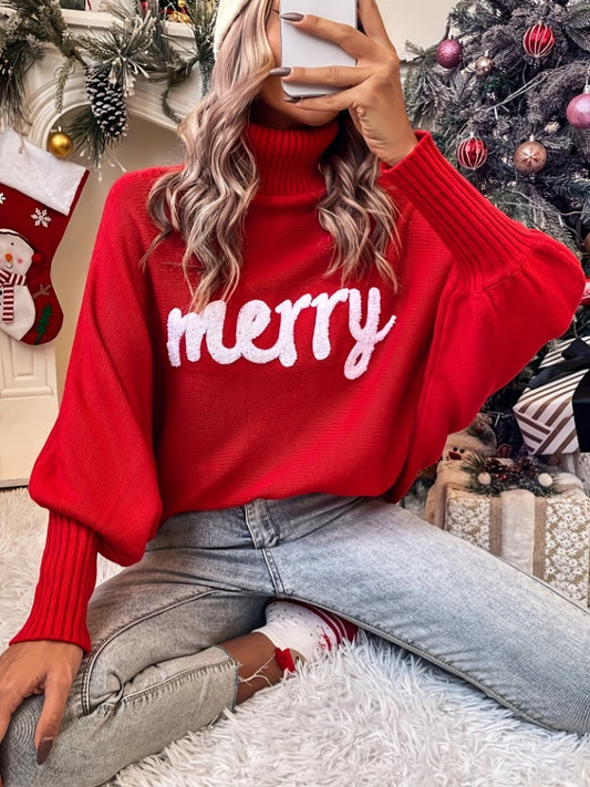 Christmas Autumn and Winter High Neck Loose Dolman Sleeve Letter Knitted Sweater Women's Top-TOPS / DRESSES-[Adult]-[Female]-Red-S-2022 Online Blue Zone Planet