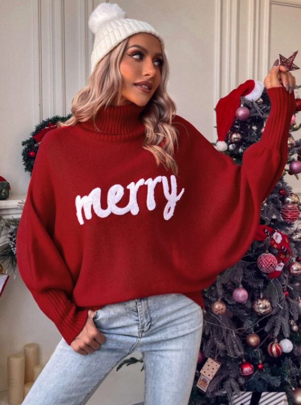 Christmas Autumn and Winter High Neck Loose Dolman Sleeve Letter Knitted Sweater Women's Top-TOPS / DRESSES-[Adult]-[Female]-2022 Online Blue Zone Planet