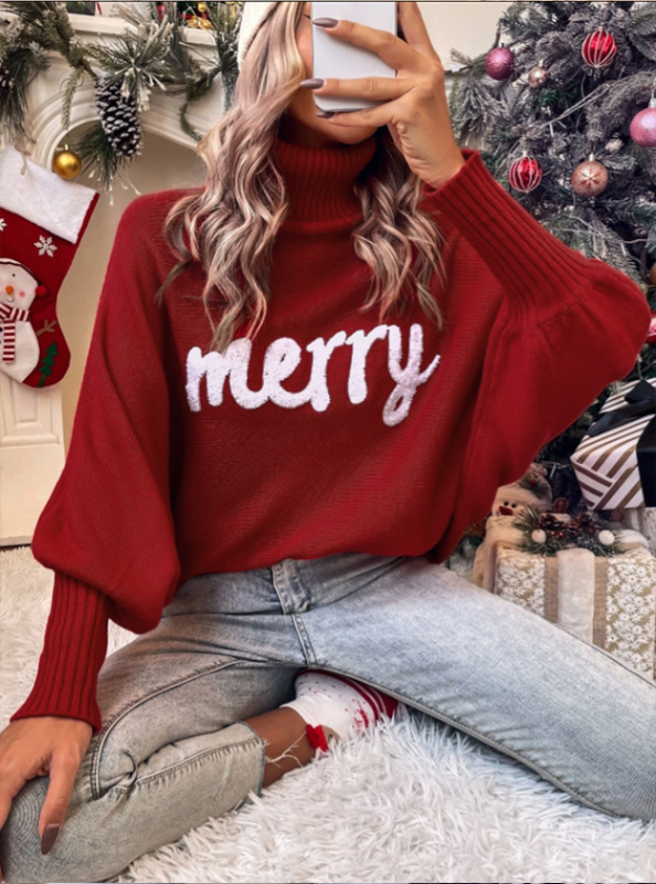 Christmas Autumn and Winter High Neck Loose Dolman Sleeve Letter Knitted Sweater Women's Top-TOPS / DRESSES-[Adult]-[Female]-Wine Red-S-2022 Online Blue Zone Planet