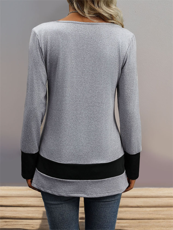 New simple solid color long-sleeved T-shirt color matching contrast casual home tops-[Adult]-[Female]-2022 Online Blue Zone Planet