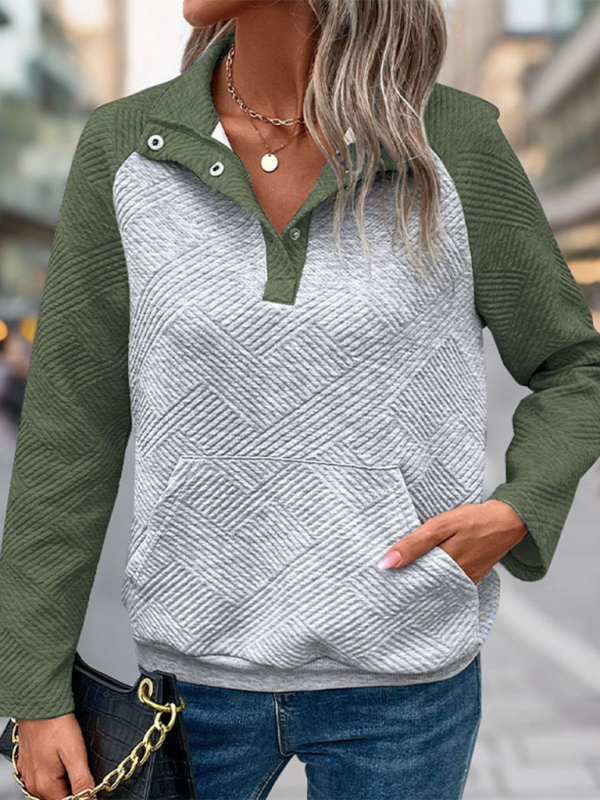 New contrast color stitching sweatshirt texture casual comfortable V-neck stand collar sweatshirt-[Adult]-[Female]-Olive green-S-2022 Online Blue Zone Planet