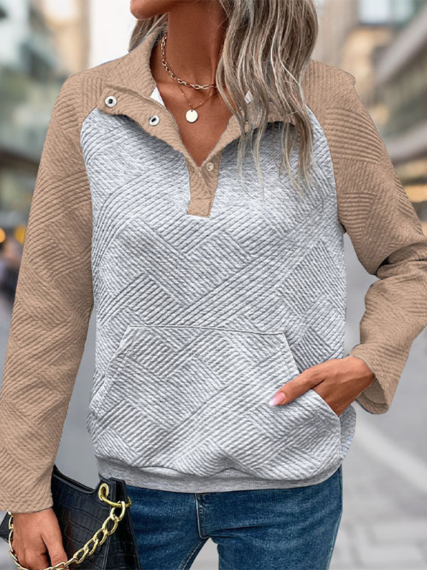 New contrast color stitching sweatshirt texture casual comfortable V-neck stand collar sweatshirt-[Adult]-[Female]-Khaki-S-2022 Online Blue Zone Planet