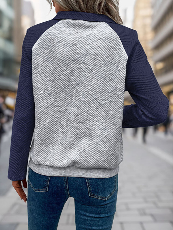 New contrast color stitching sweatshirt texture casual comfortable V-neck stand collar sweatshirt-[Adult]-[Female]-2022 Online Blue Zone Planet