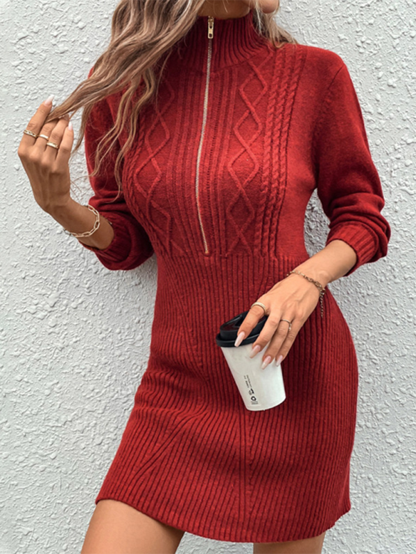 Fashionable women's new style lapel zipper sweater dress-[Adult]-[Female]-2022 Online Blue Zone Planet