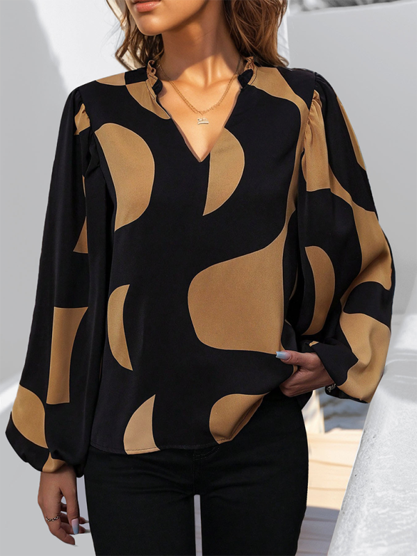 New Geometric Print Long Sleeve Shirt-[Adult]-[Female]-Black-S-2022 Online Blue Zone Planet