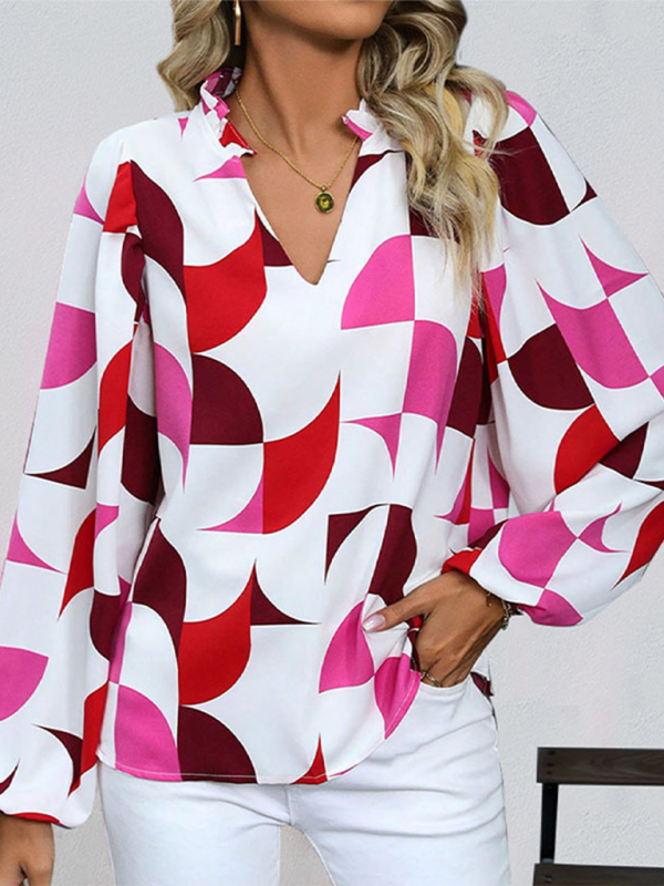 New Geometric Print Long Sleeve Shirt-[Adult]-[Female]-Wine Red-S-2022 Online Blue Zone Planet