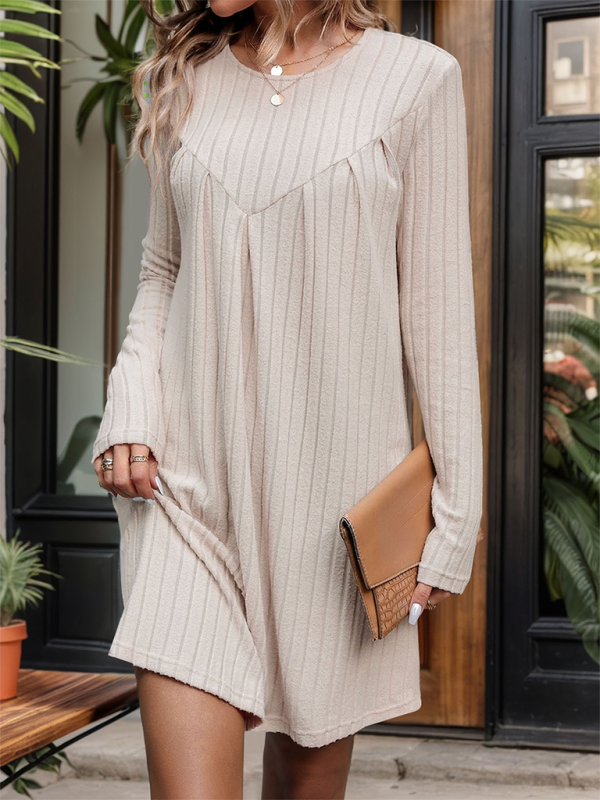 New style brushed striped knitted skirt long sleeve pleated patchwork dress-[Adult]-[Female]-2022 Online Blue Zone Planet