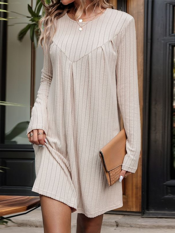 New style brushed striped knitted skirt long sleeve pleated patchwork dress-[Adult]-[Female]-Khaki-S-2022 Online Blue Zone Planet