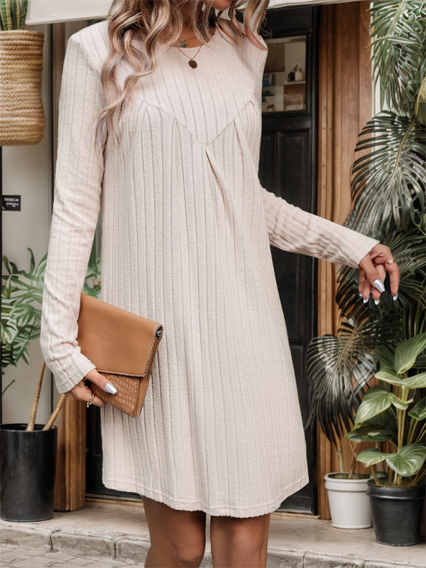 New style brushed striped knitted skirt long sleeve pleated patchwork dress-[Adult]-[Female]-2022 Online Blue Zone Planet