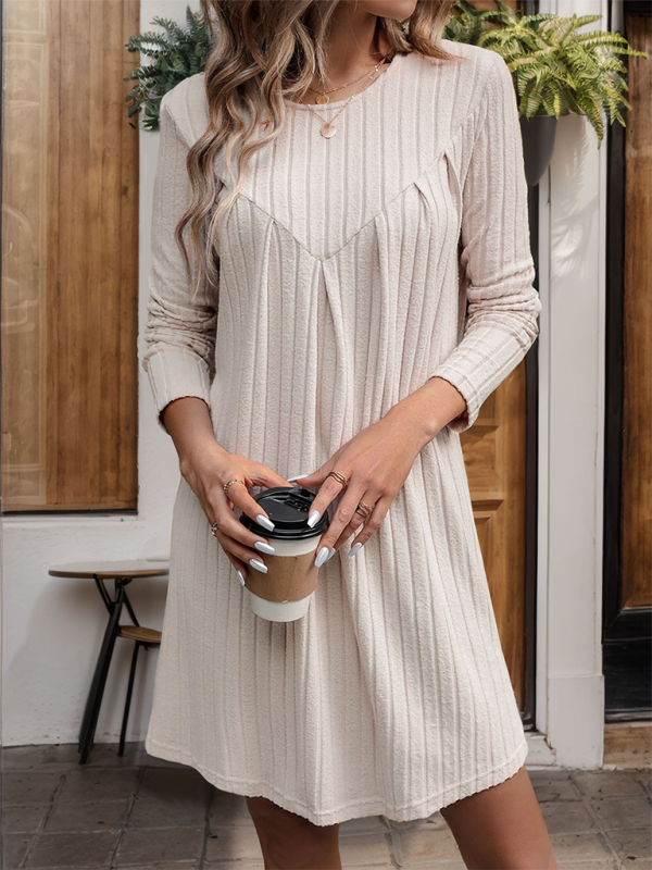 New style brushed striped knitted skirt long sleeve pleated patchwork dress-[Adult]-[Female]-2022 Online Blue Zone Planet