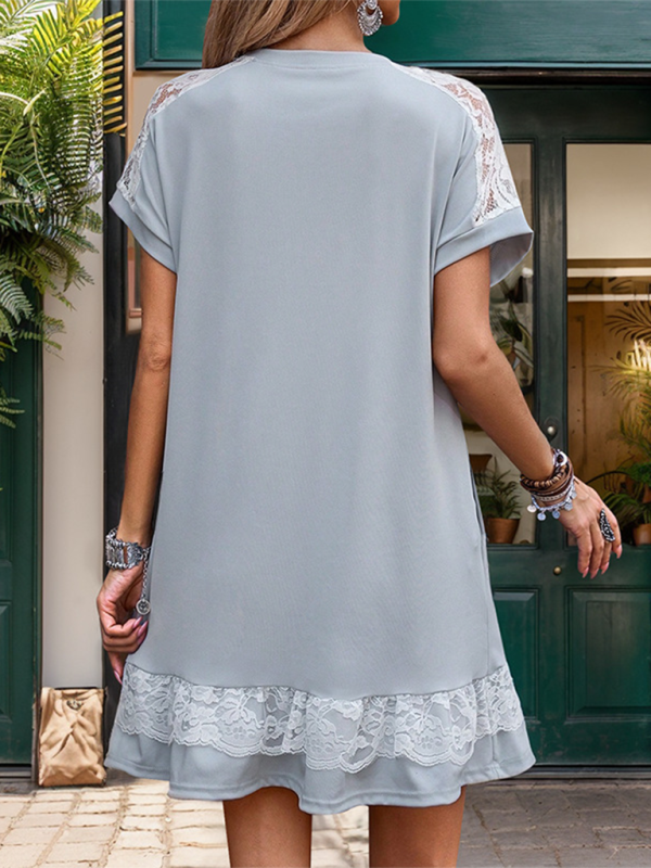 New lace stitching solid color T-shirt dress-[Adult]-[Female]-2022 Online Blue Zone Planet