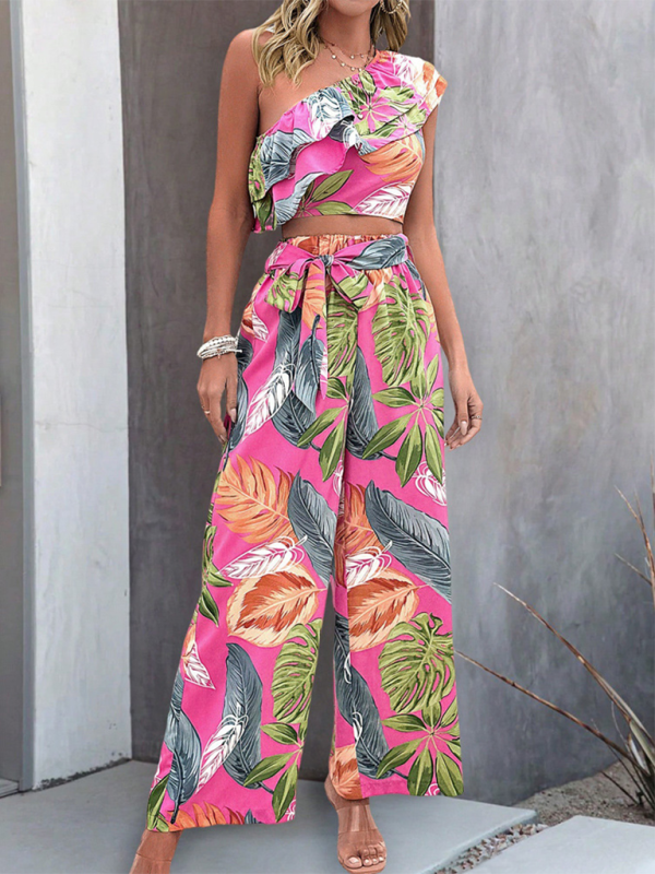 New style off-shoulder short contrast color contrast color print wide-leg pants two-piece set-[Adult]-[Female]-2022 Online Blue Zone Planet