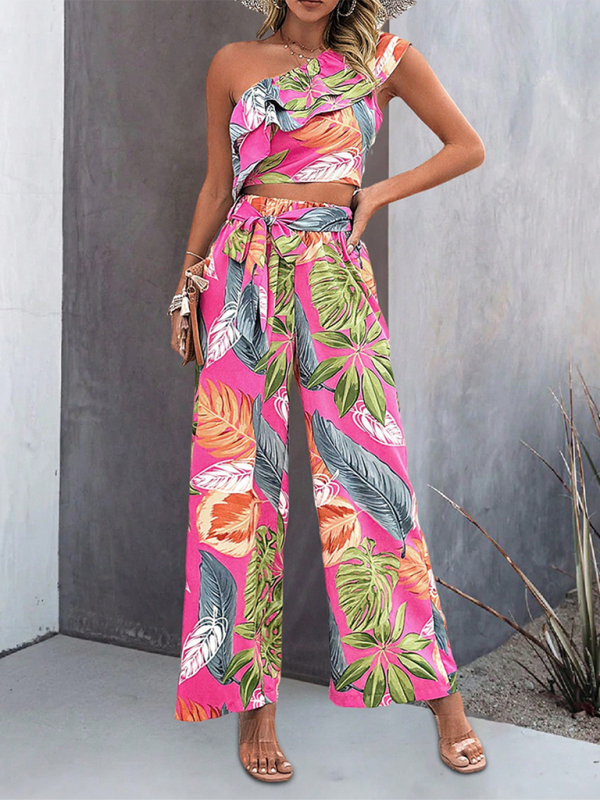 New style off-shoulder short contrast color contrast color print wide-leg pants two-piece set-[Adult]-[Female]-Pink-S-2022 Online Blue Zone Planet