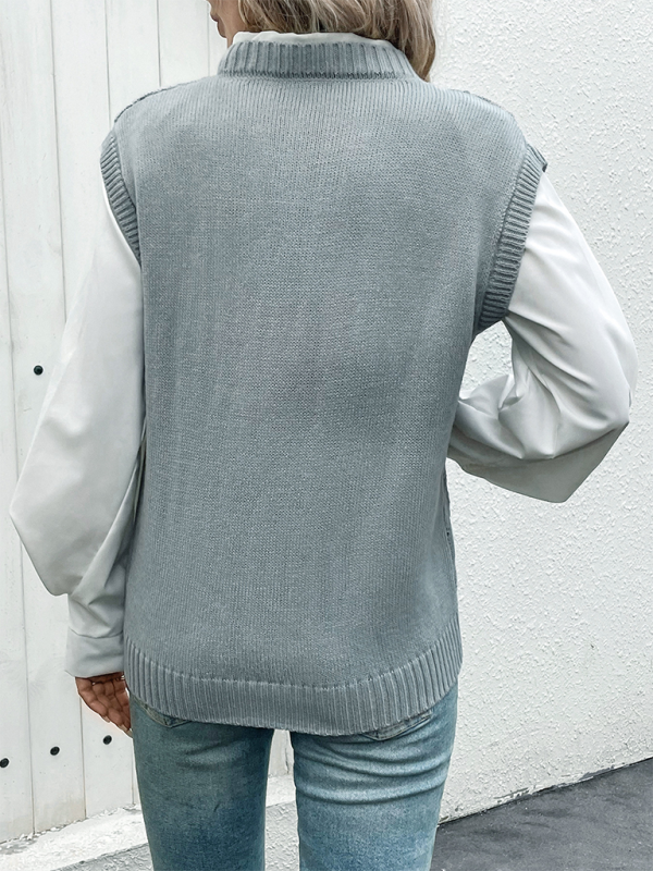 New Simple Cable V-neck Solid Color Sweater Vest-[Adult]-[Female]-2022 Online Blue Zone Planet