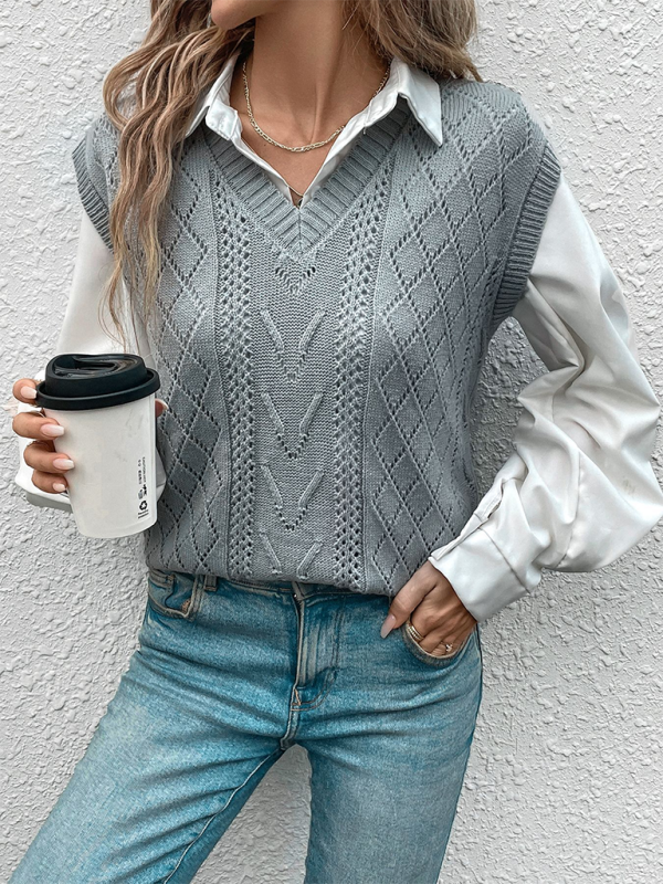 New Simple Cable V-neck Solid Color Sweater Vest-[Adult]-[Female]-Misty grey-S-2022 Online Blue Zone Planet