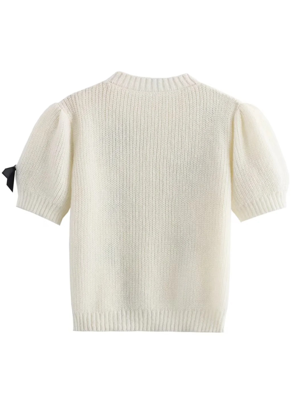 Cindy's White Short-Sleeved Sweater with Black Bows-TOPS / DRESSES-[Adult]-[Female]-2022 Online Blue Zone Planet