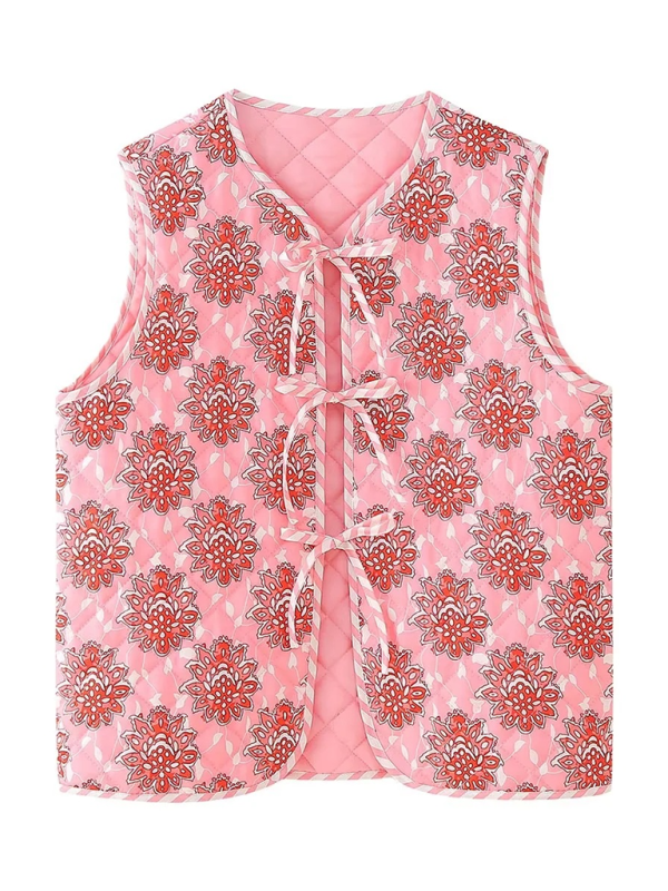 New Women's Pink Floral Print Lace-Up Padded Vest-[Adult]-[Female]-2022 Online Blue Zone Planet