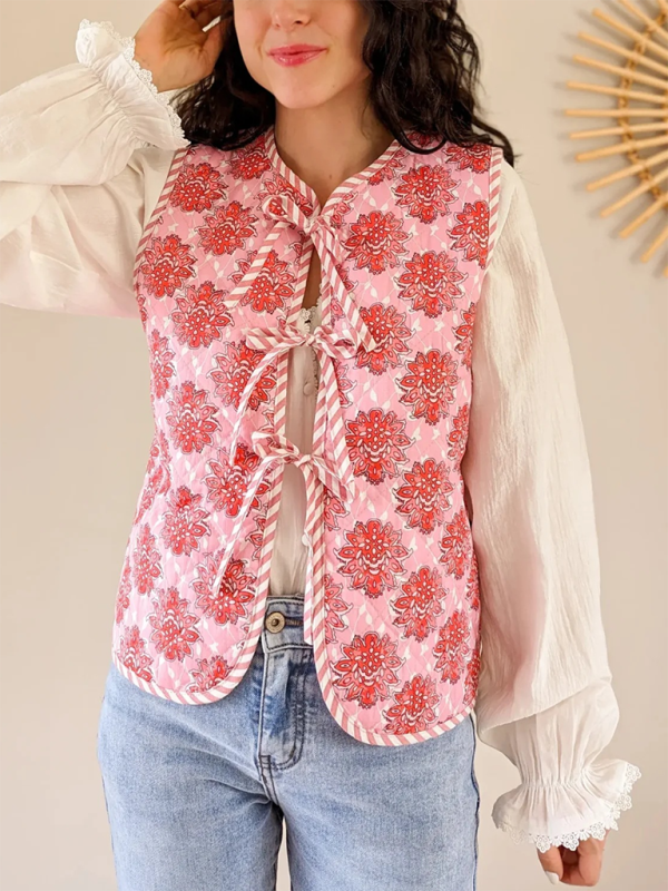 New Women's Pink Floral Print Lace-Up Padded Vest-[Adult]-[Female]-Pink-XS-2022 Online Blue Zone Planet