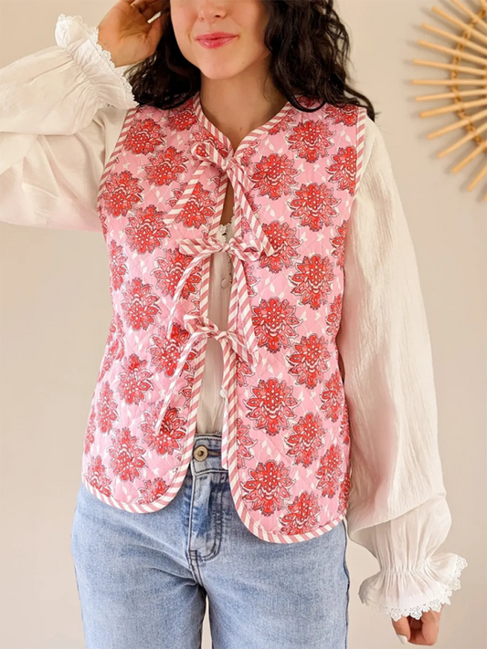 New Women's Pink Floral Print Lace-Up Padded Vest-[Adult]-[Female]-Pink-XS-2022 Online Blue Zone Planet