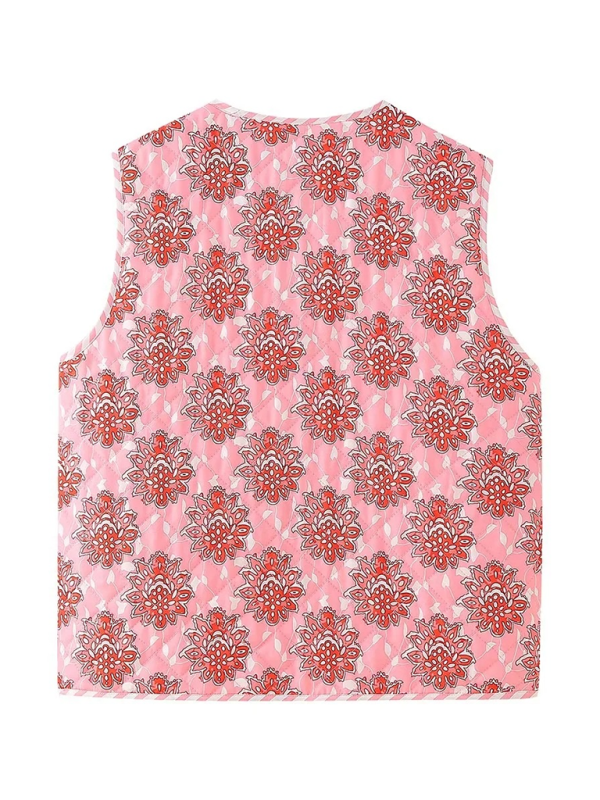 New Women's Pink Floral Print Lace-Up Padded Vest-[Adult]-[Female]-2022 Online Blue Zone Planet