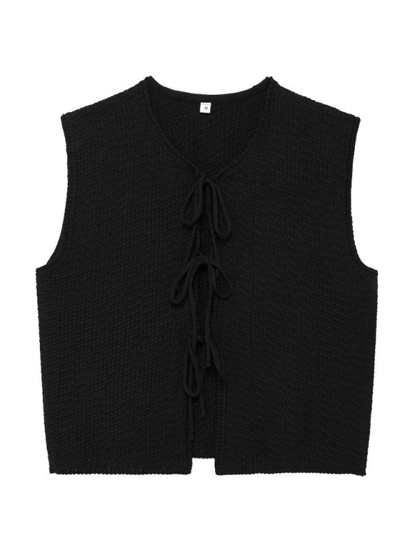 Blue Zone Planet | Ladies casual style V-neck bowknot small V-neck sleeveless knitted vest-TOPS / DRESSES-[Adult]-[Female]-Black-S-2022 Online Blue Zone Planet