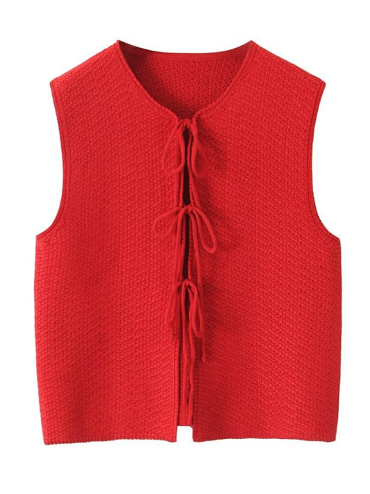 Blue Zone Planet | Ladies casual style V-neck bowknot small V-neck sleeveless knitted vest-TOPS / DRESSES-[Adult]-[Female]-Red-S-2022 Online Blue Zone Planet