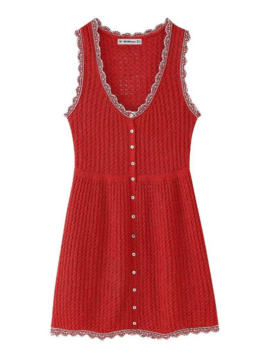 Blue Zone Planet | casual jacquard mesh round neck sleeveless knitted dress-TOPS / DRESSES-[Adult]-[Female]-Red-S-2022 Online Blue Zone Planet