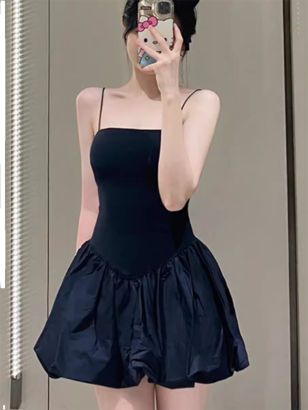 Blue Zone Planet | casual sexy spaghetti strap splicing puffy dress-TOPS / DRESSES-[Adult]-[Female]-Black-XS-2022 Online Blue Zone Planet