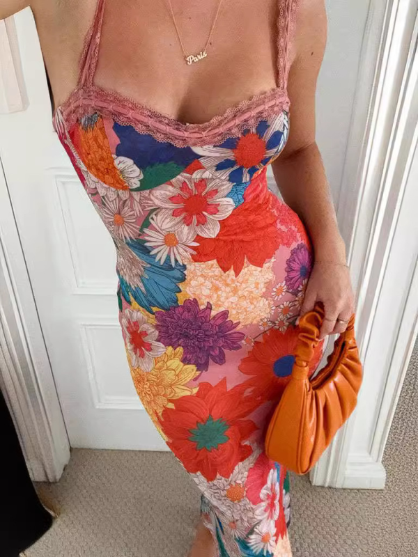 Blue Zone Planet | Casual One-shoulder Flower Printed Spaghetti Strap Dress-TOPS / DRESSES-[Adult]-[Female]-Orange Red-S-2022 Online Blue Zone Planet