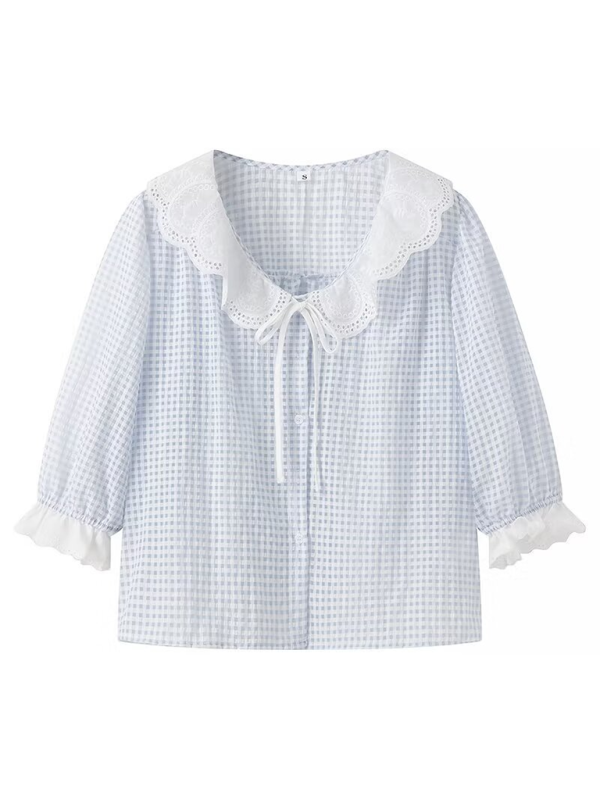 Blue Zone Planet | Street Doll Collar Embroidered Short Sleeve Shirt-TOPS / DRESSES-[Adult]-[Female]-2022 Online Blue Zone Planet