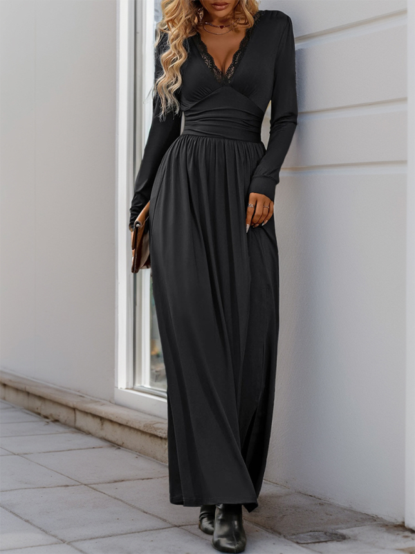 Mia s Solid Color V Neck Slit Slim Maxi Dress Blue Zone Planet Black M by Blue Zone Planet