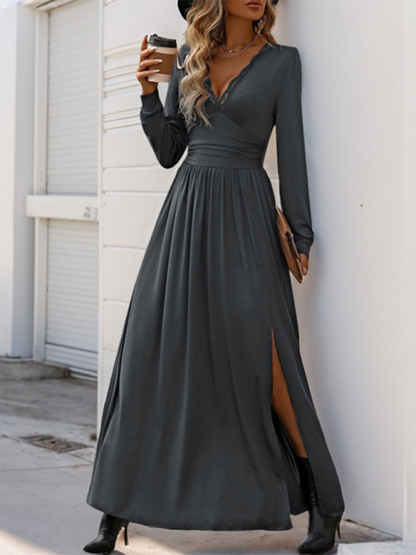 Blue Zone Planet | Mia's Solid Color V-Neck Slit Slim Maxi Dress-TOPS / DRESSES-[Adult]-[Female]-2022 Online Blue Zone Planet