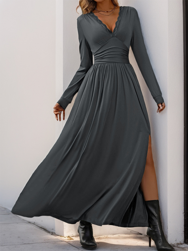 Blue Zone Planet | Mia's Solid Color V-Neck Slit Slim Maxi Dress-TOPS / DRESSES-[Adult]-[Female]-2022 Online Blue Zone Planet