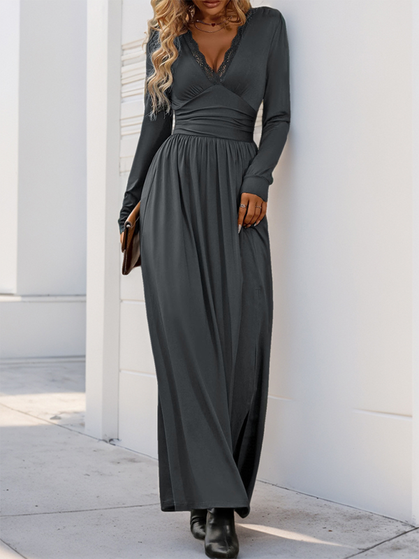 Blue Zone Planet | Mia's Solid Color V-Neck Slit Slim Maxi Dress-TOPS / DRESSES-[Adult]-[Female]-2022 Online Blue Zone Planet
