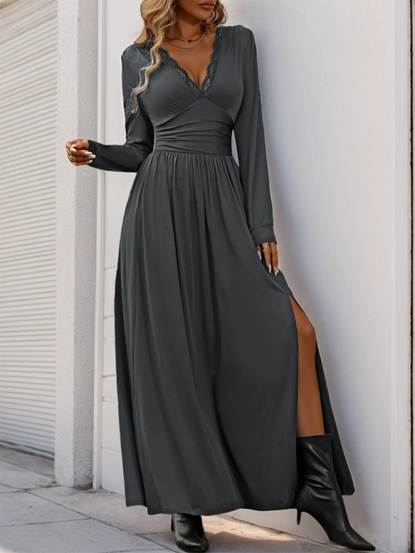 Blue Zone Planet | Mia's Solid Color V-Neck Slit Slim Maxi Dress-TOPS / DRESSES-[Adult]-[Female]-Charcoal grey-S-2022 Online Blue Zone Planet