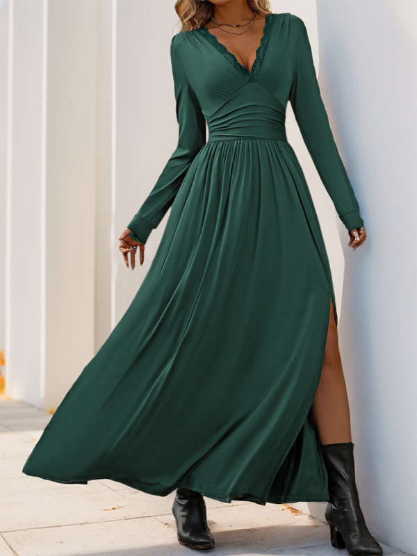 Blue Zone Planet | Mia's Solid Color V-Neck Slit Slim Maxi Dress-TOPS / DRESSES-[Adult]-[Female]-2022 Online Blue Zone Planet