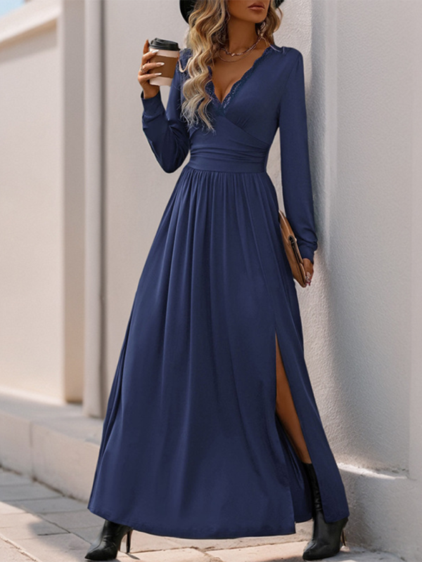Blue Zone Planet | Mia's Solid Color V-Neck Slit Slim Maxi Dress-TOPS / DRESSES-[Adult]-[Female]-2022 Online Blue Zone Planet