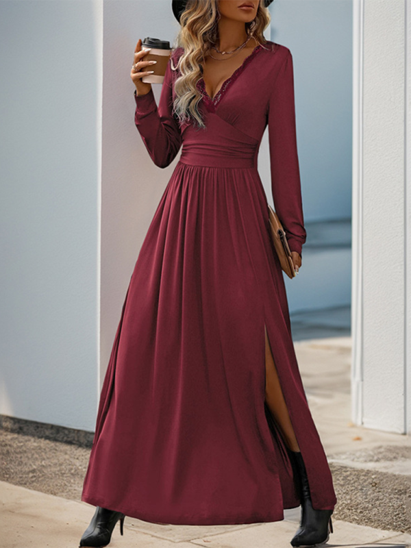 long sleeve solid color maxi dress Mia's Solid Color V-Neck Slit Slim Maxi Dress