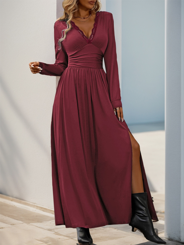 Blue Zone Planet | Mia's Solid Color V-Neck Slit Slim Maxi Dress-TOPS / DRESSES-[Adult]-[Female]-2022 Online Blue Zone Planet